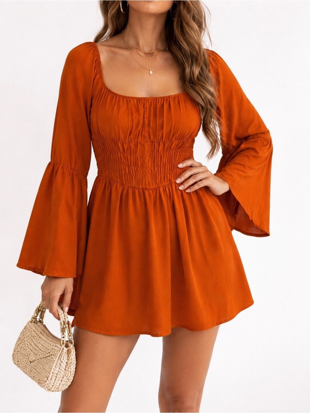Boho Cottagecore Mini Dress Rust Orange Bell Sleeve Smocked Size Large